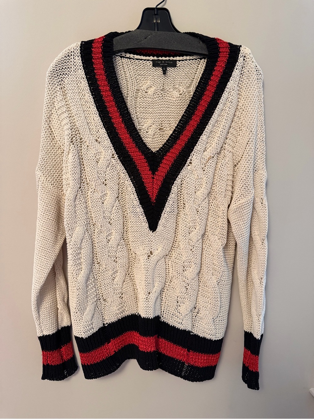 Rag & Bone Cable Knit V-Neck Sweater with Red & Black Trim - Picture 1 of 5